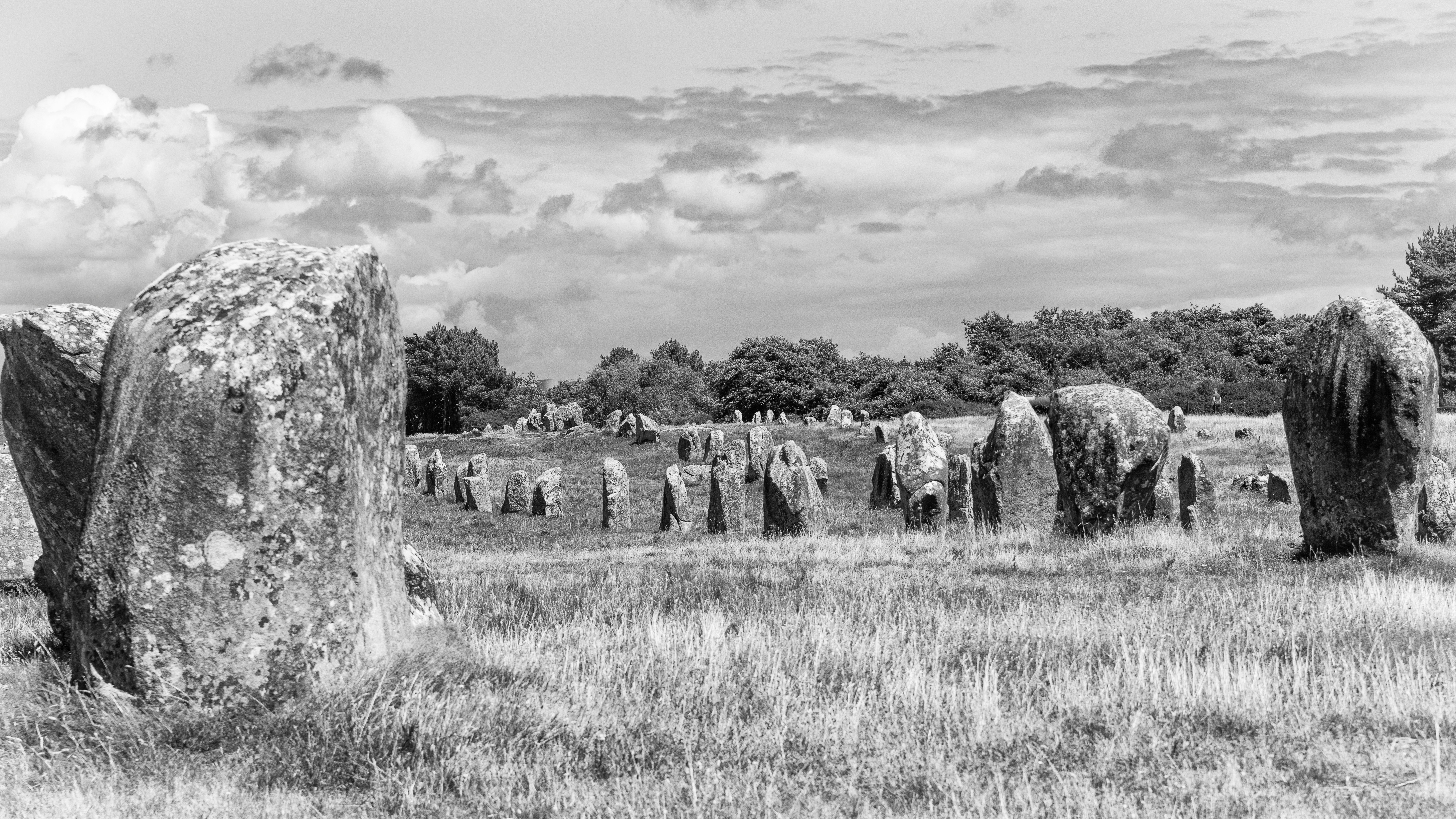 grayscale photo of rock formation on grass field